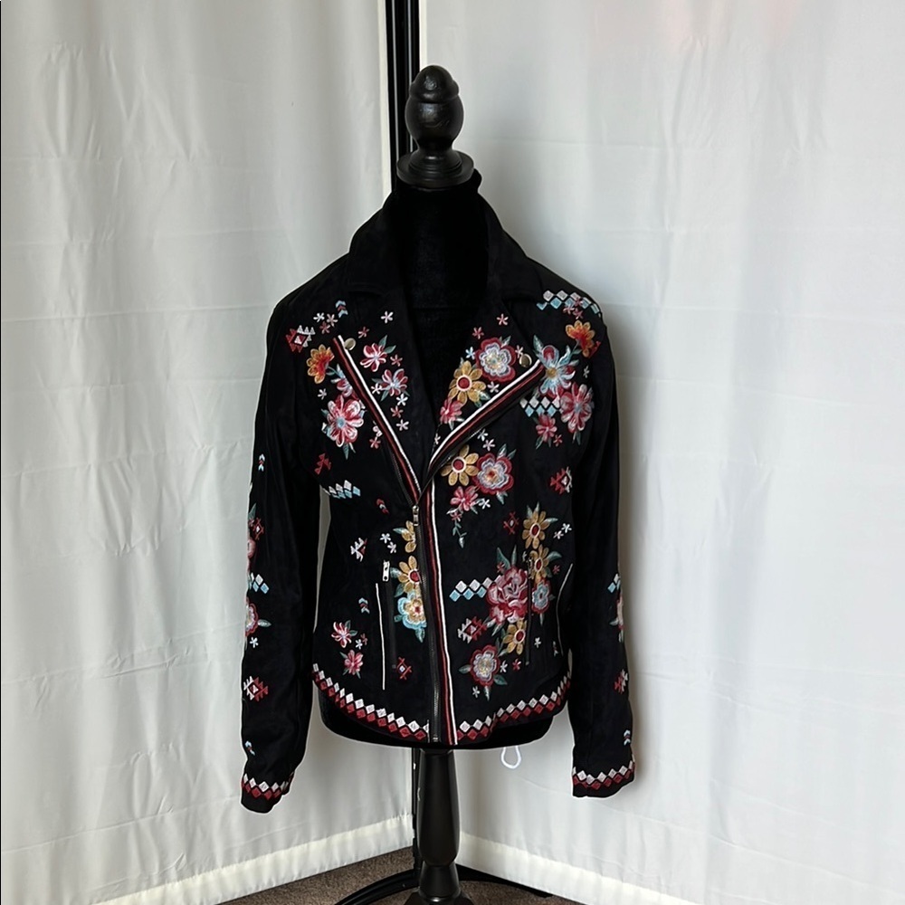 Savanna Jane Faux Suede Floral Embroidered Moto Jacket